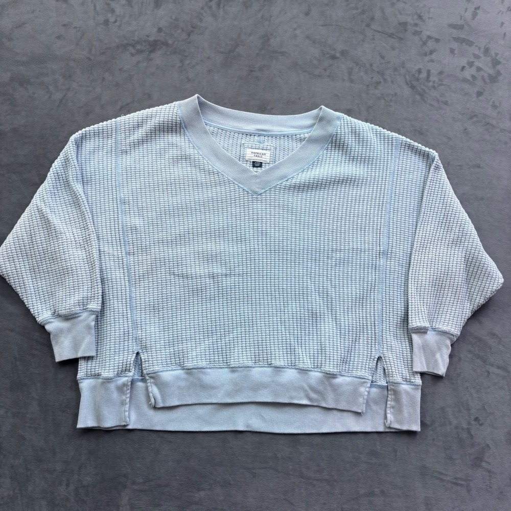 American Eagle Light Blue Waffle Knit V-Neck Pullover Sweater Oversized Medium